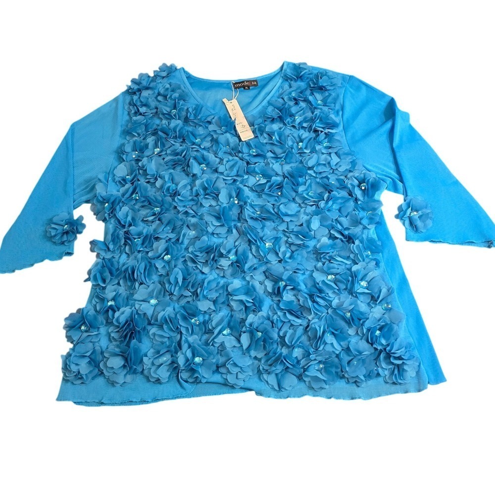 ModeLia‎ New York Blue Floral Top XL Flower Applique 3/4 Sleeve Tunic